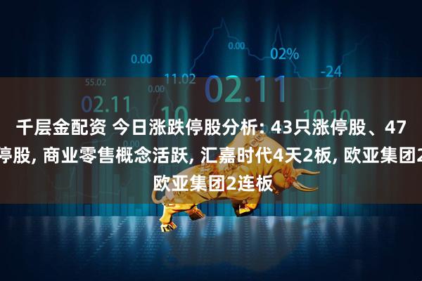 千层金配资 今日涨跌停股分析: 43只涨停股、47只跌停股, 商业零售概念活跃, 汇嘉时代4天2板, 欧亚集团2连板